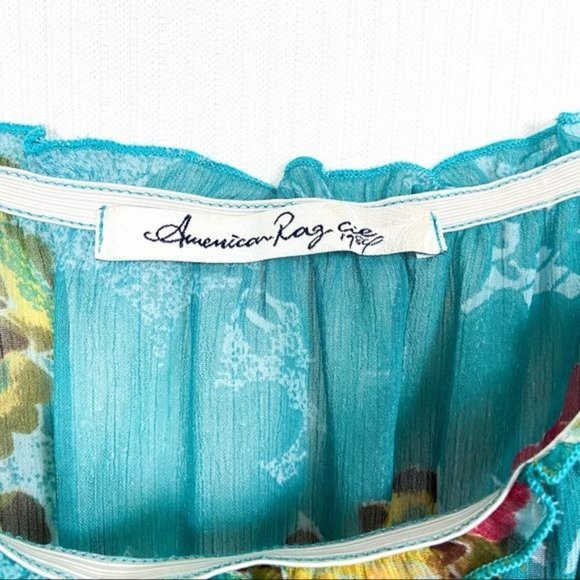 American Rag Off the Shoulder Floral Blouse Size Small Teal Green Blue - Picture 3 of 7